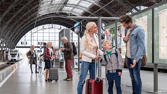 Das Bild zeigt eine Familie an einem Bahnsteig.